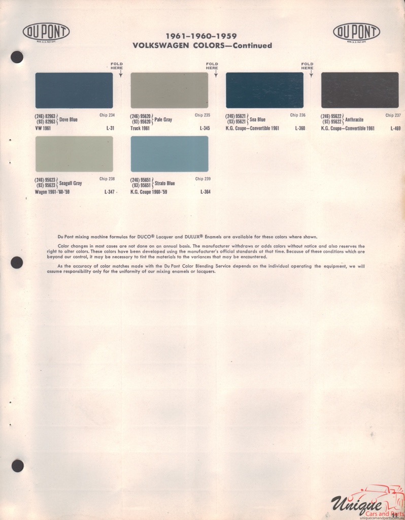 1959 - 1961 Volkswagen Paint Charts DuPont 3